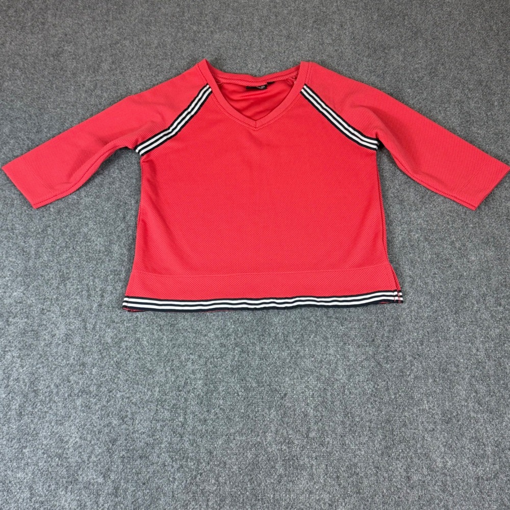Onque Casual Red Textured V-Neck Top Striped Raglan 3/4 Sleeve Small
